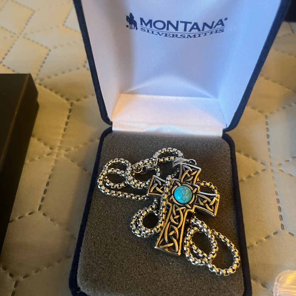 NEW western Silver Cross Necklace 20 inches with Turquoise Stone bracelet 8.2.
